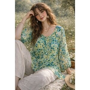 St Johns Bay 2X Sheer Floral Blouse Green Blue Cottagecore Boho Top Plus